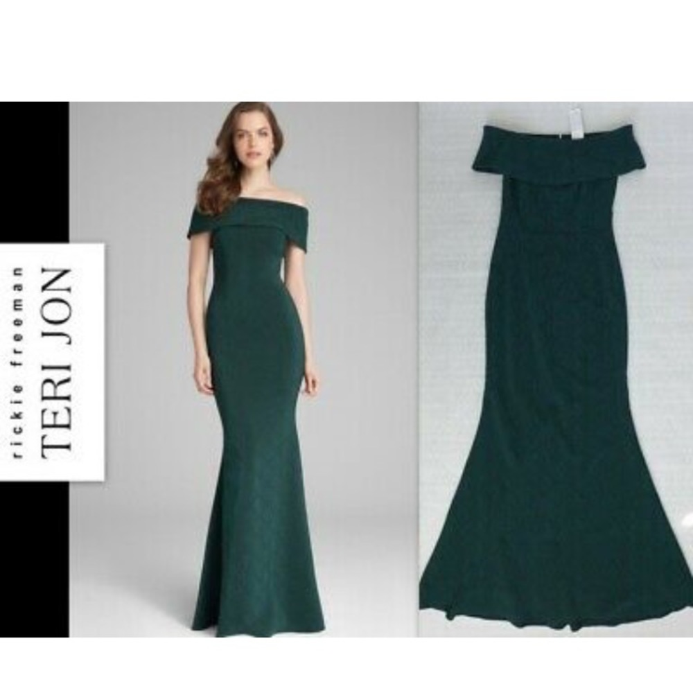 TERI JON Off The Shoulder Stretch Jacquard Gown